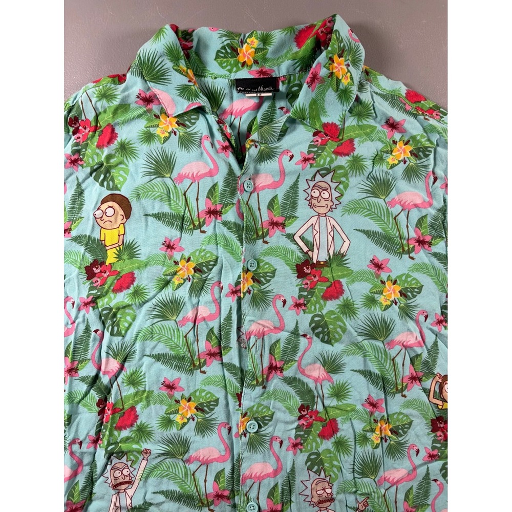 Rick and Morty Button Up Shirt Mens Medium Blue‎ Tropical Flamingo Aloha Graphic